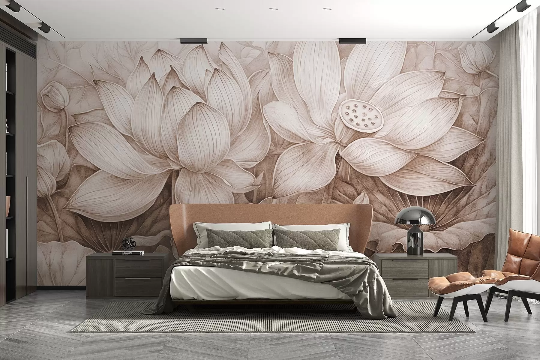 murales de pared Varias flores grandes de loto beige con textura detallada y hojas y tallos marrones sobre fondo claro w08465v1
