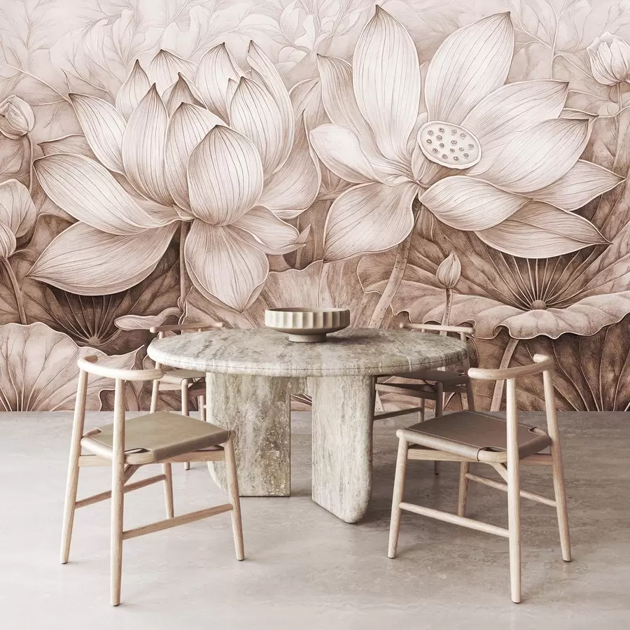 murales de pared Varias flores grandes de loto beige con textura detallada y hojas y tallos marrones sobre fondo claro w08465v1
