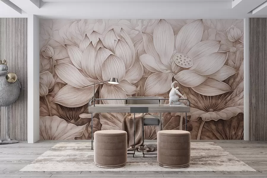 murales de pared Varias flores grandes de loto beige con textura detallada y hojas y tallos marrones sobre fondo claro w08465v1