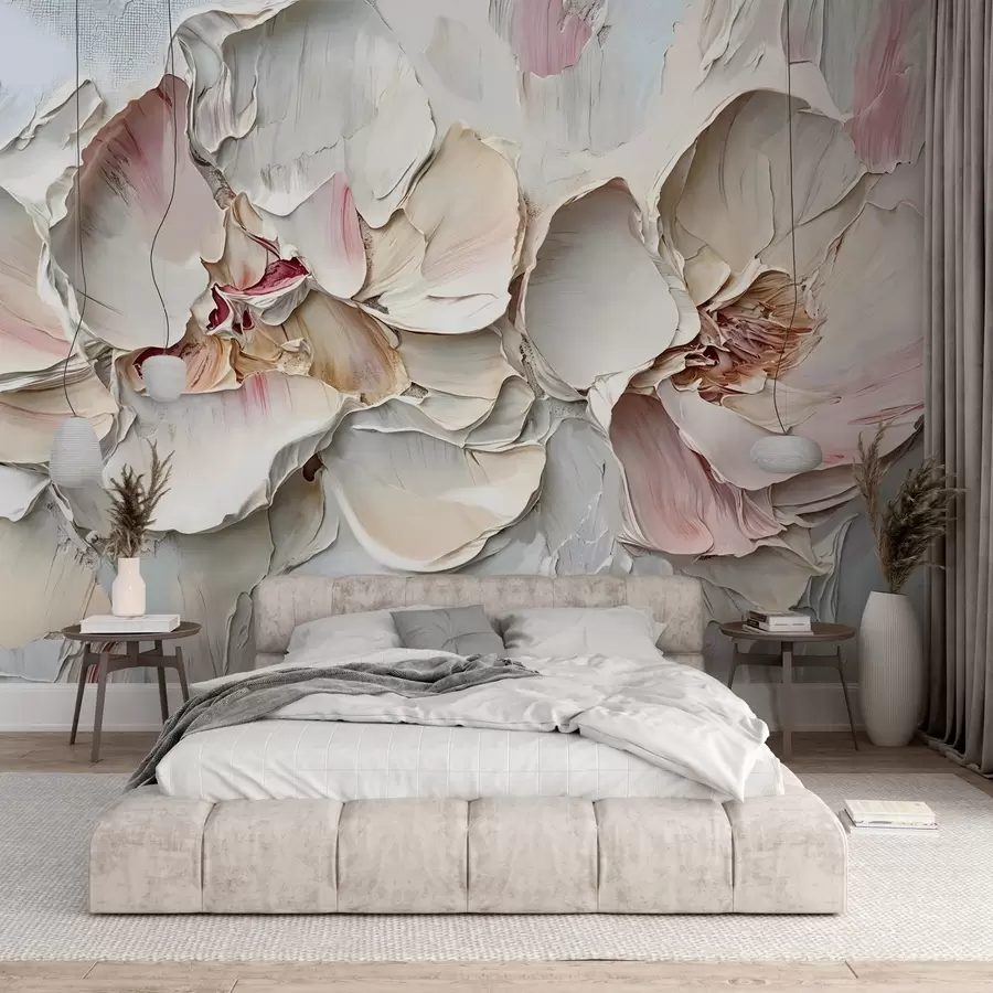 murales de pared Delicadas flores de color rosa pálido con suaves pétalos en capas sobre un fondo de textura apagada imitación de pintura al óleo empastada w08467