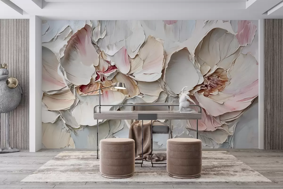 murales de pared Delicadas flores de color rosa pálido con suaves pétalos en capas sobre un fondo de textura apagada imitación de pintura al óleo empastada w08467