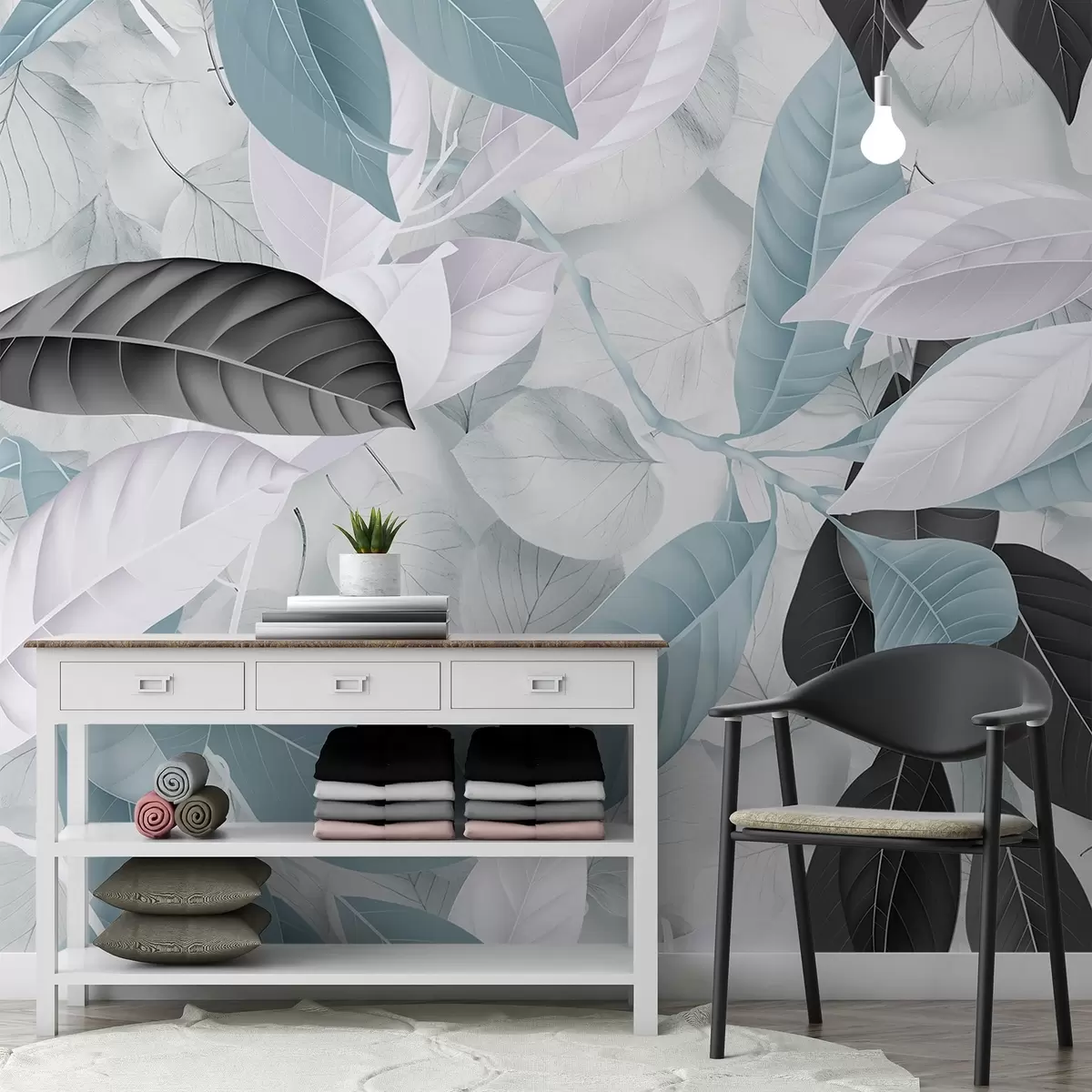 murales de pared Gran estampado de hojas azules y grises sobre un fondo con textura de hojas claras, que crea una exuberante sensación tropical w08468v1