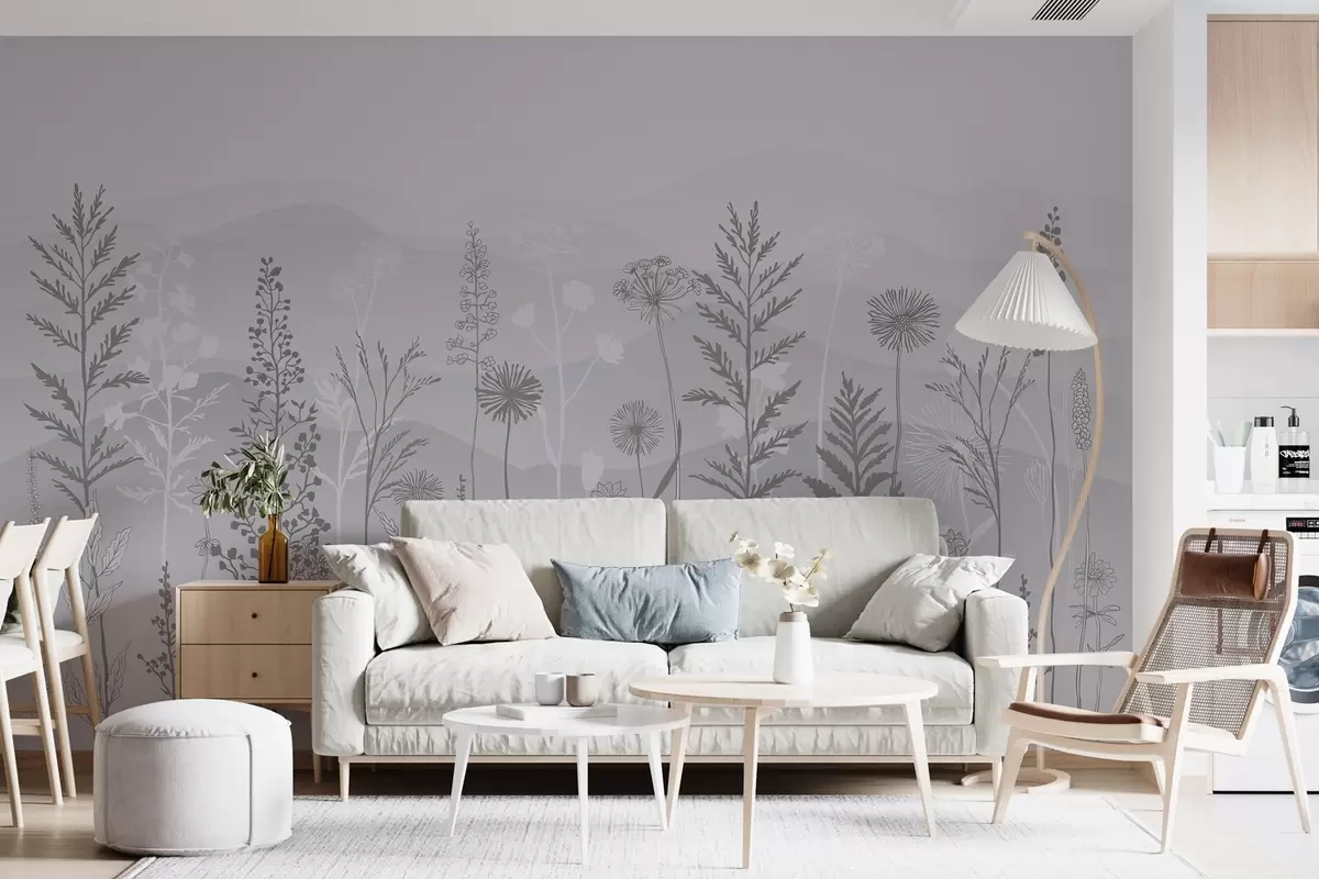 murales de pared papel pintado ecológico, flores silvestres en tonos grises w02443