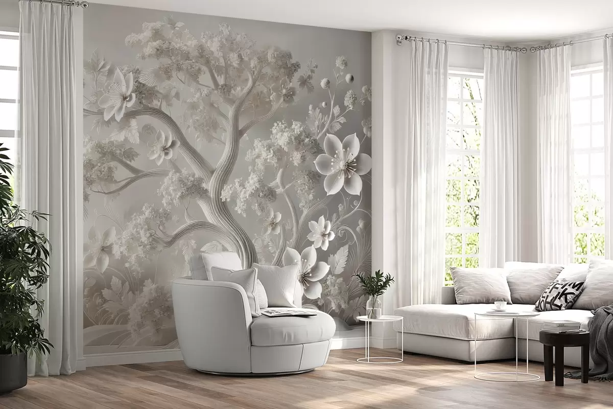 murales de pared fantasía árbol blanco con flores w02455