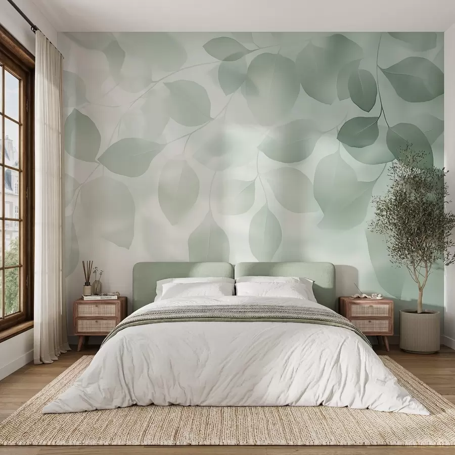 murales de pared Abstracción floral de hojas en tonos verdes w08492v1