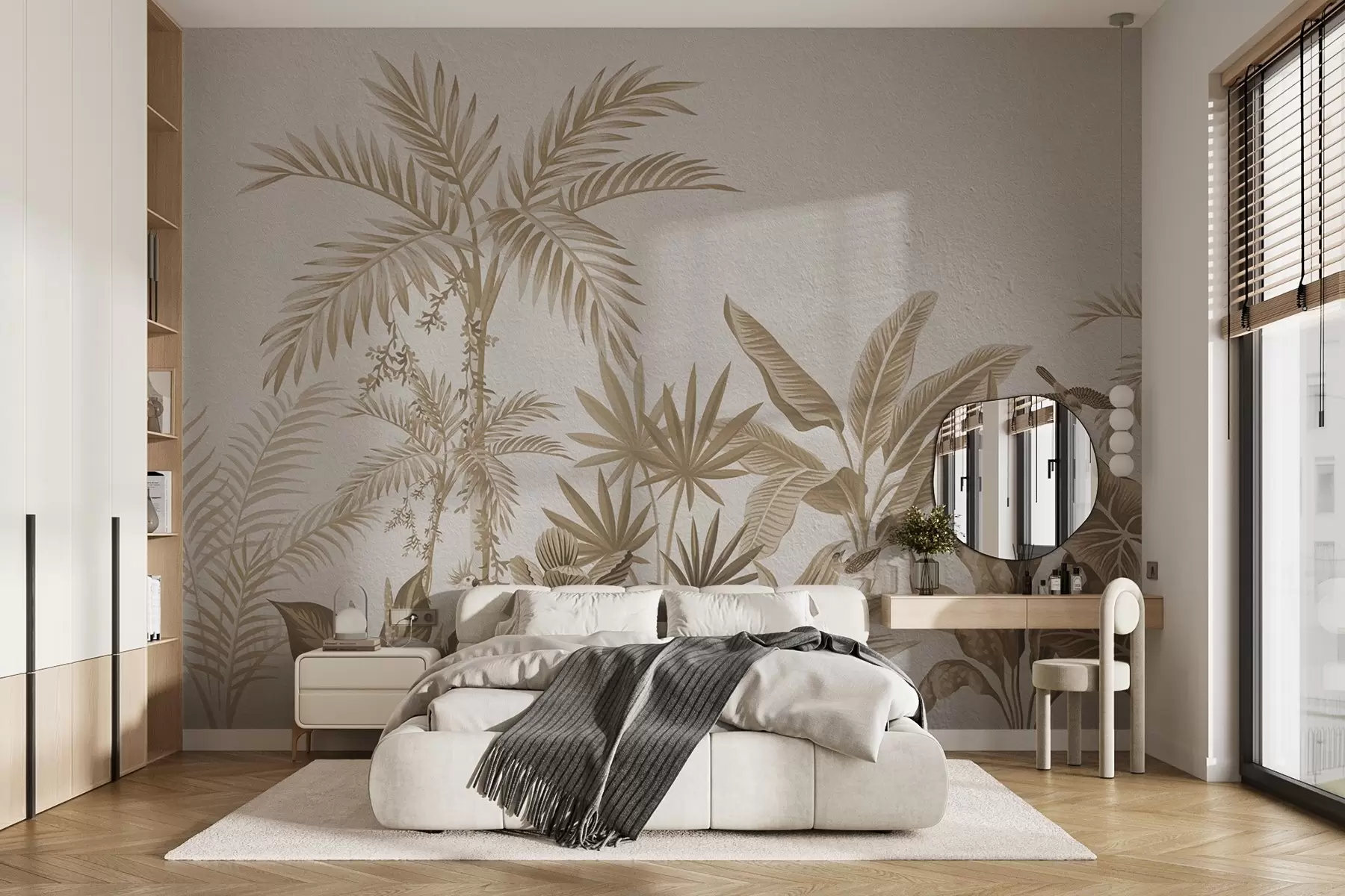 murales de pared Selva tropical con palmeras y pájaros en tonos sepia w08496v1