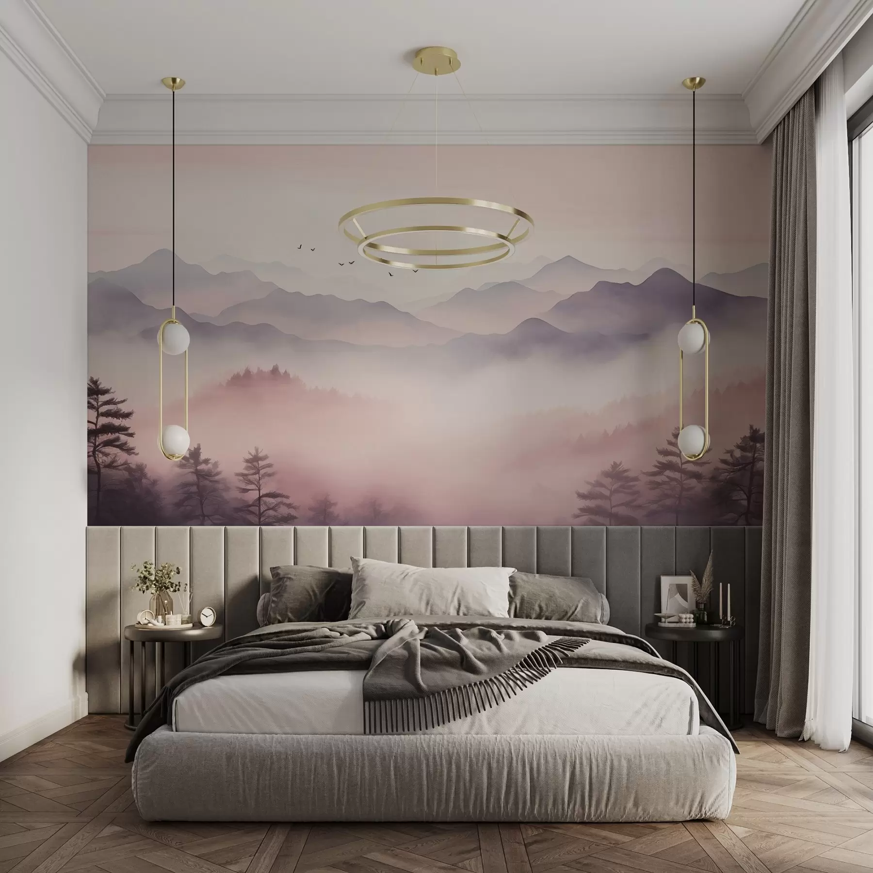 murales de pared Montañas con niebla al amanecer imitación de acuarela w02471
