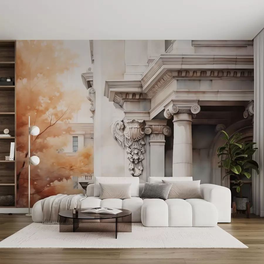 murales de pared Parte de una casa con columnas junto a un árbol imitación de acuarela w02495