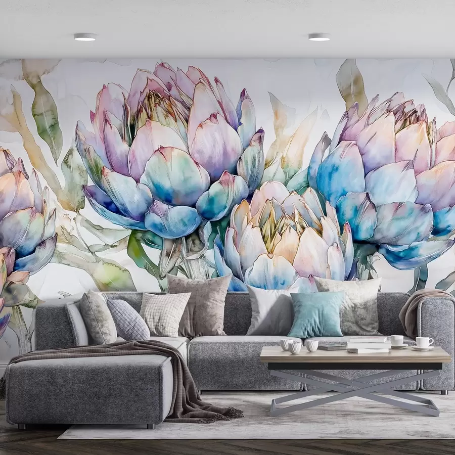 murales de pared Alcachofas dibujo, estilo acuarela, floral, púrpura, beige, verde w02484