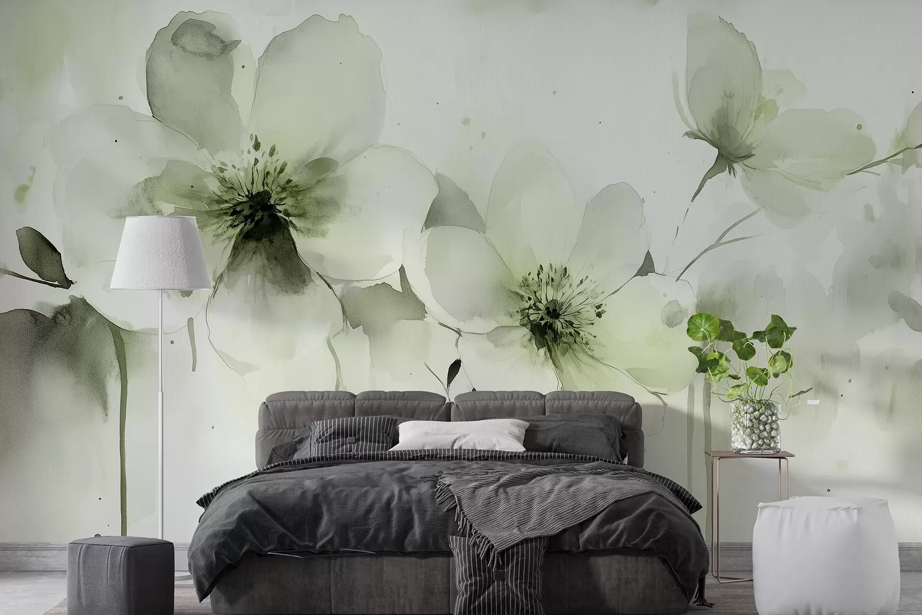 murales de pared Flores de prado, dibujo estilo acuarela, paleta de colores verdes  w02489v1