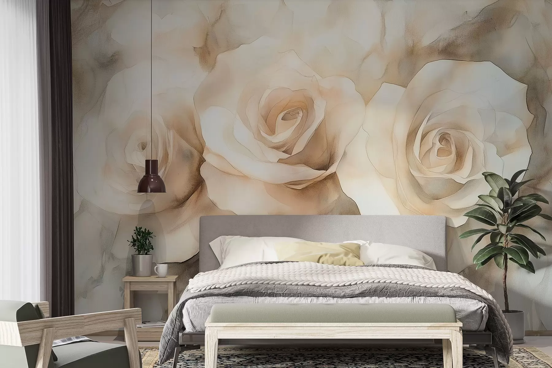 murales de pared Hermosas rosas, estilo acuarela, colores beige, bohemio w02492