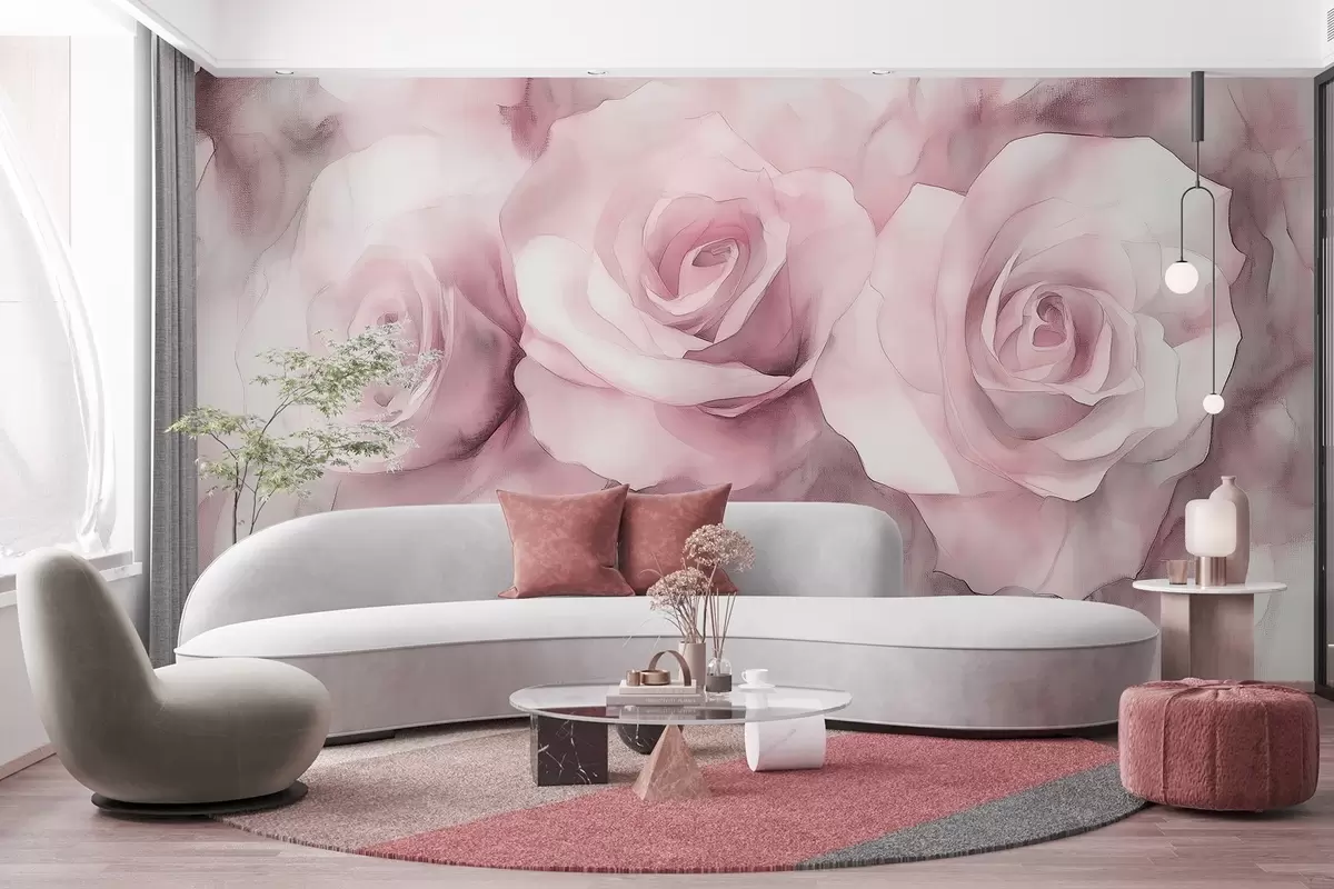 murales de pared Hermosas rosas, estilo acuarela, colores rosas, bohemio w02492v1