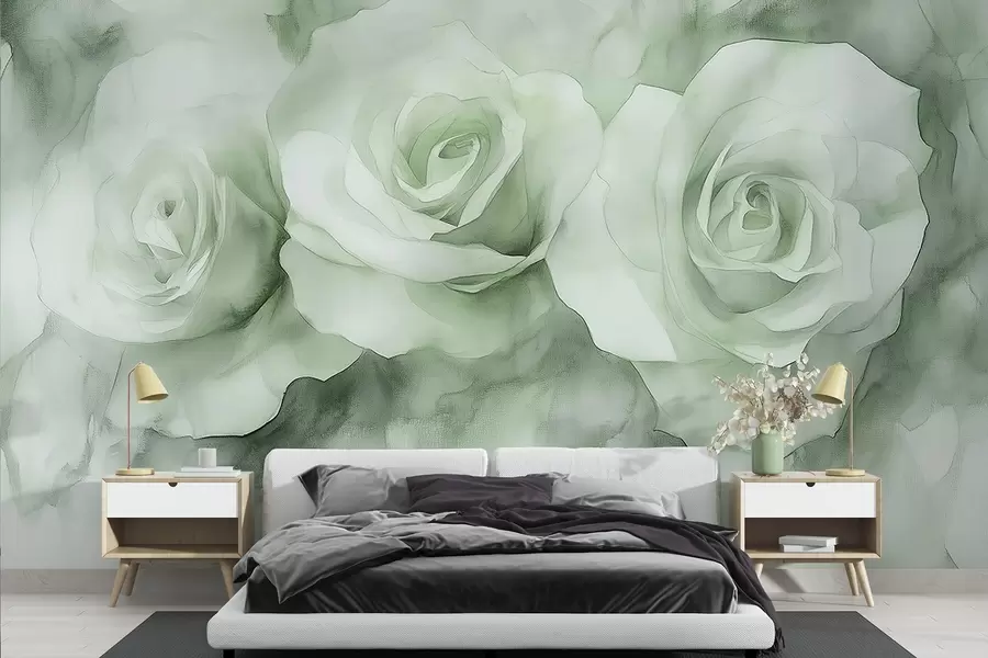murales de pared Hermosas rosas, estilo acuarela, colores verdes, bohemio w02492v2
