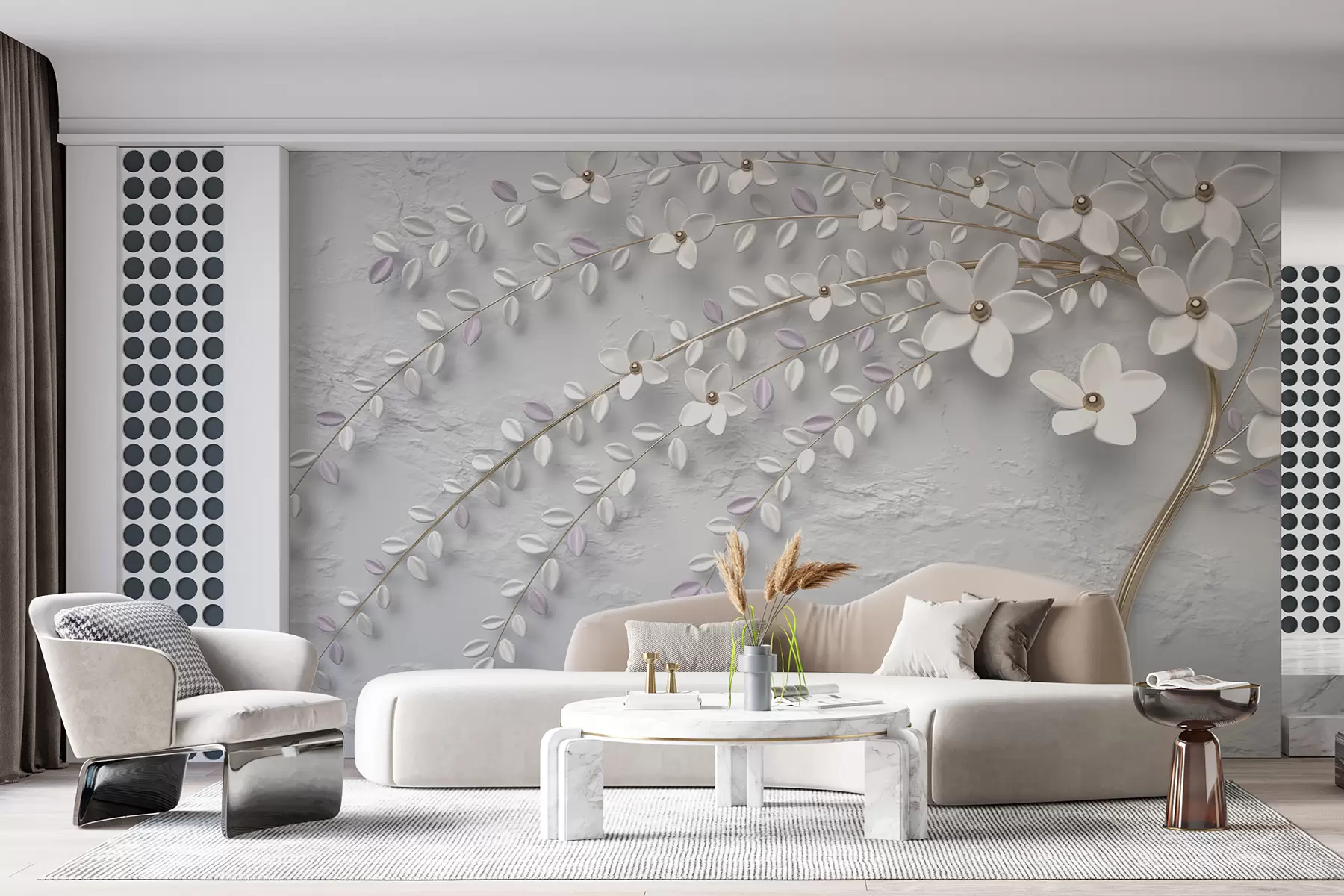 murales de pared Árbol en flor con ramas colgantes en tonos blanco claro y beige u43124
