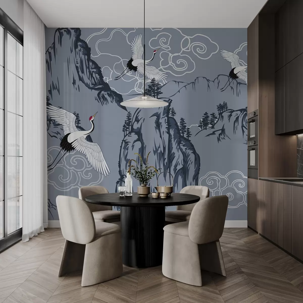 murales de pared Montañas y grullas de estilo japonés, en tonos azules w02544