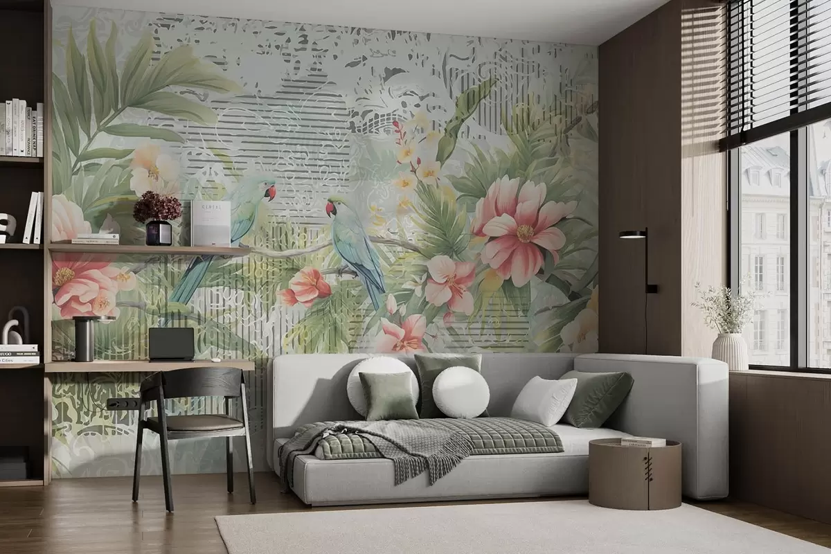 murales de pared Loros en arbustos tropicales w08508