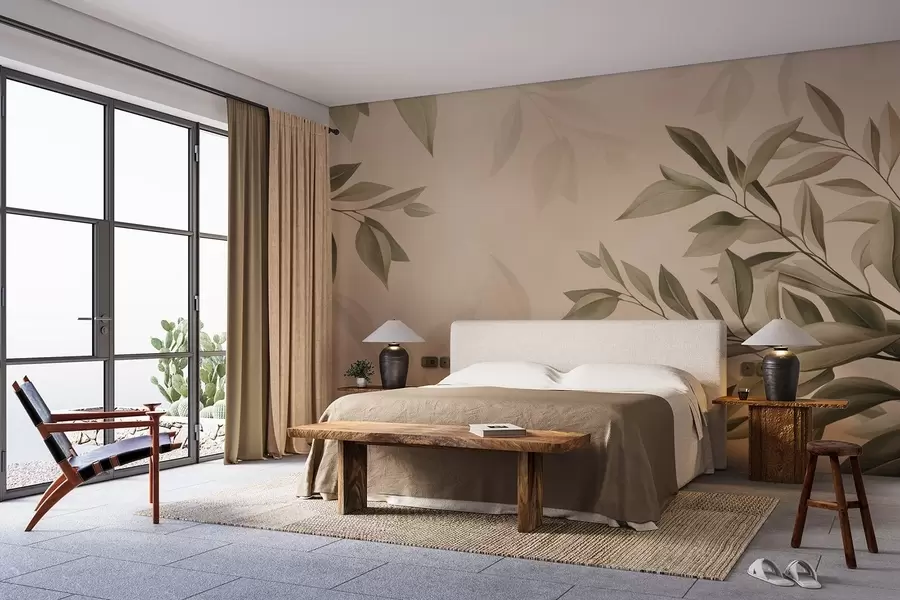 murales de pared Hojas verde oliva con un fondo beige cálido y suave w08499