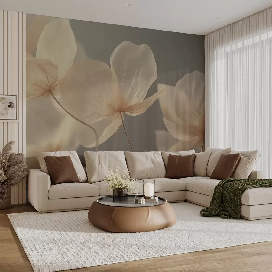 murales de pared Pétalos de loto, una delicada composición con fondo gris w08500v2