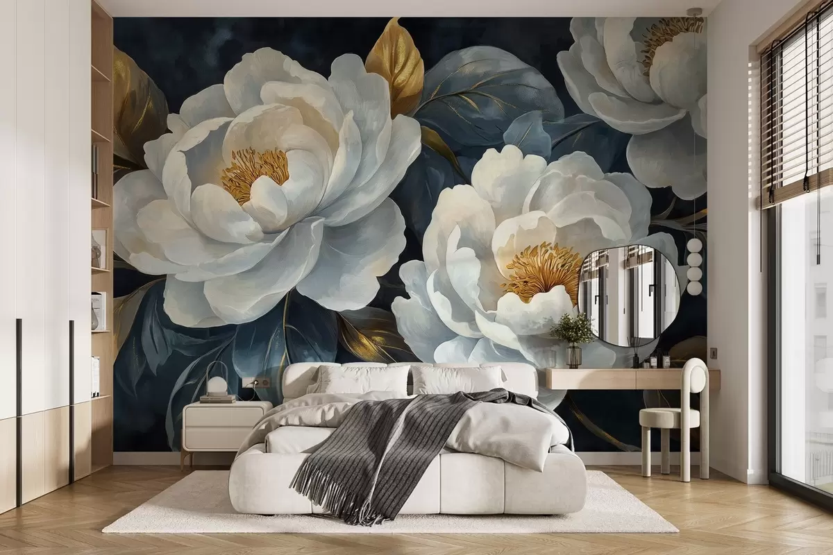 murales de pared Exuberantes peonías blancas sobre fondo azul en estilo pictórico w02315