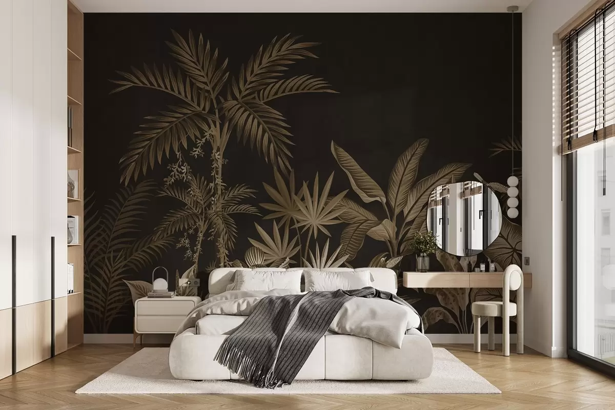 murales de pared Selva tropical con palmeras y pájaros en tonos oscuros w08496v3