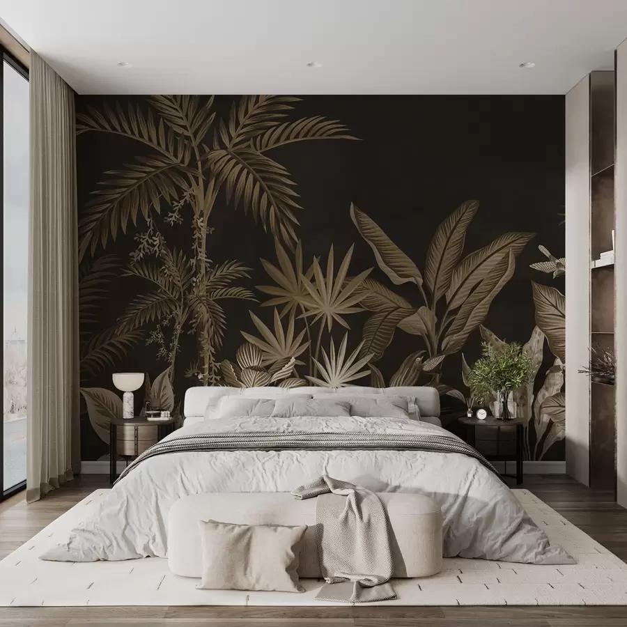 murales de pared Selva tropical con palmeras y pájaros en tonos oscuros w08496v3