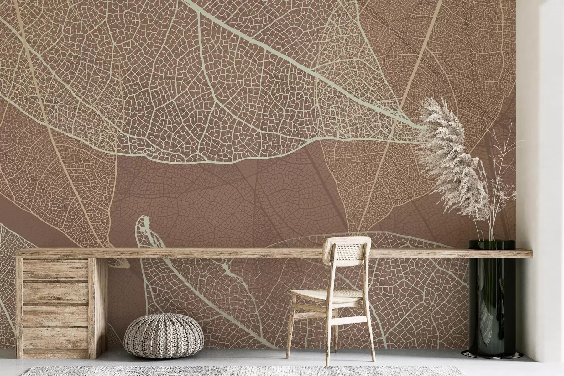 murales de pared primer plano de hojas con venas en color chocolate claro w02520v1