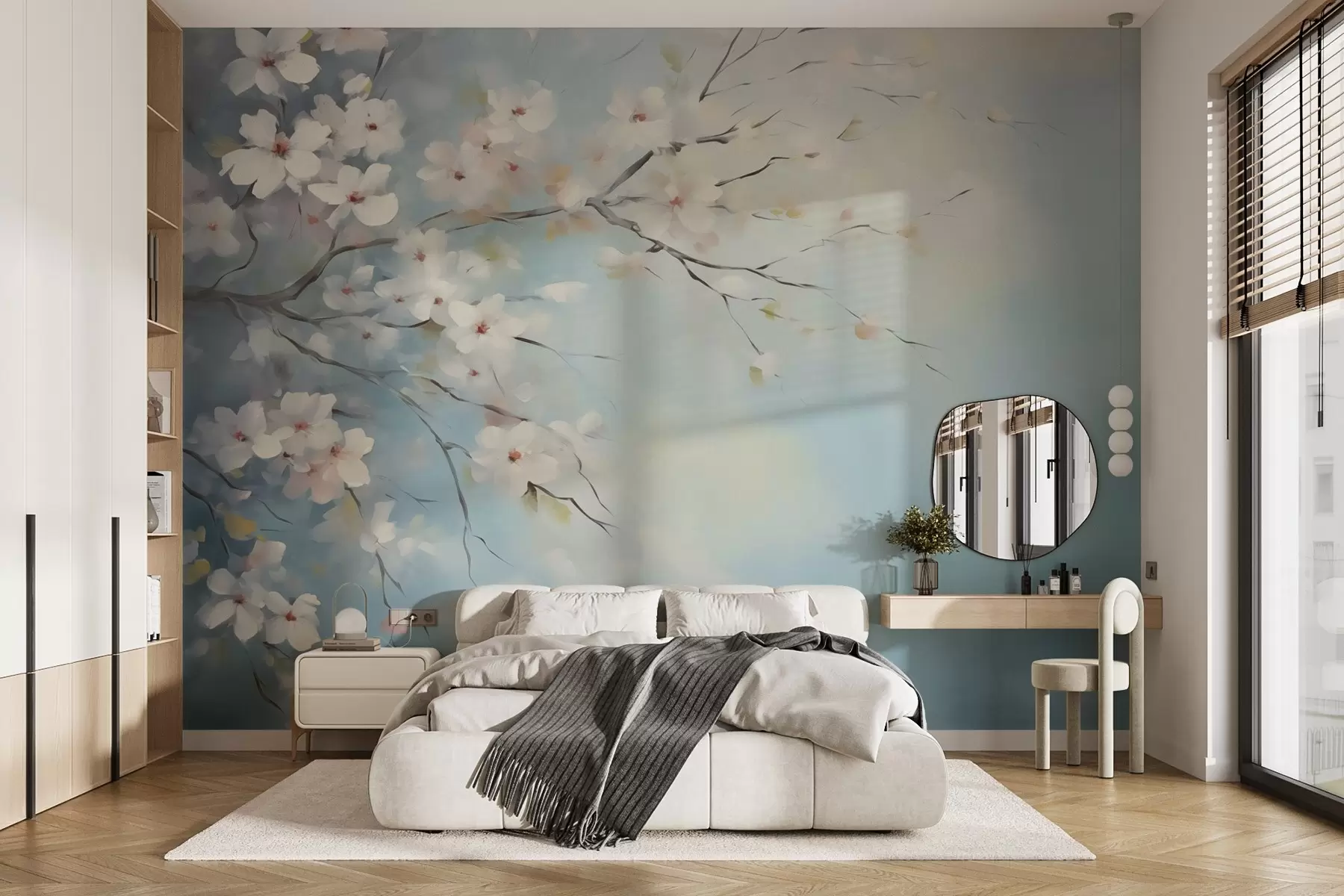 murales de pared Ramo con flores, imitación de pintura, tonos blancos y azules w02593