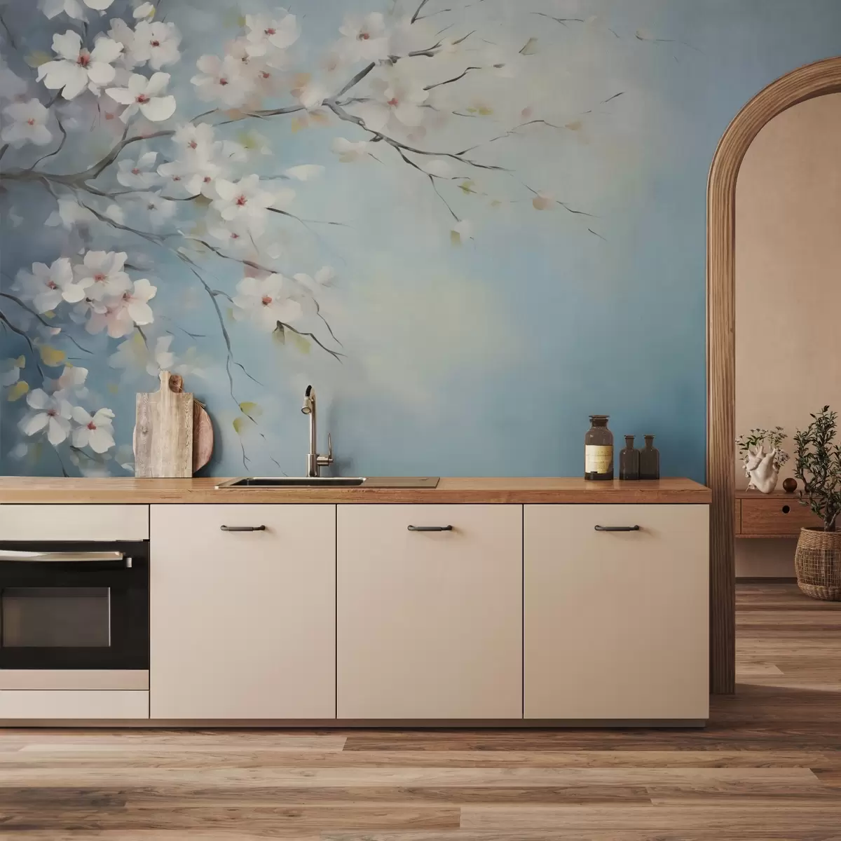 murales de pared Ramo con flores, imitación de pintura, tonos blancos y azules w02593