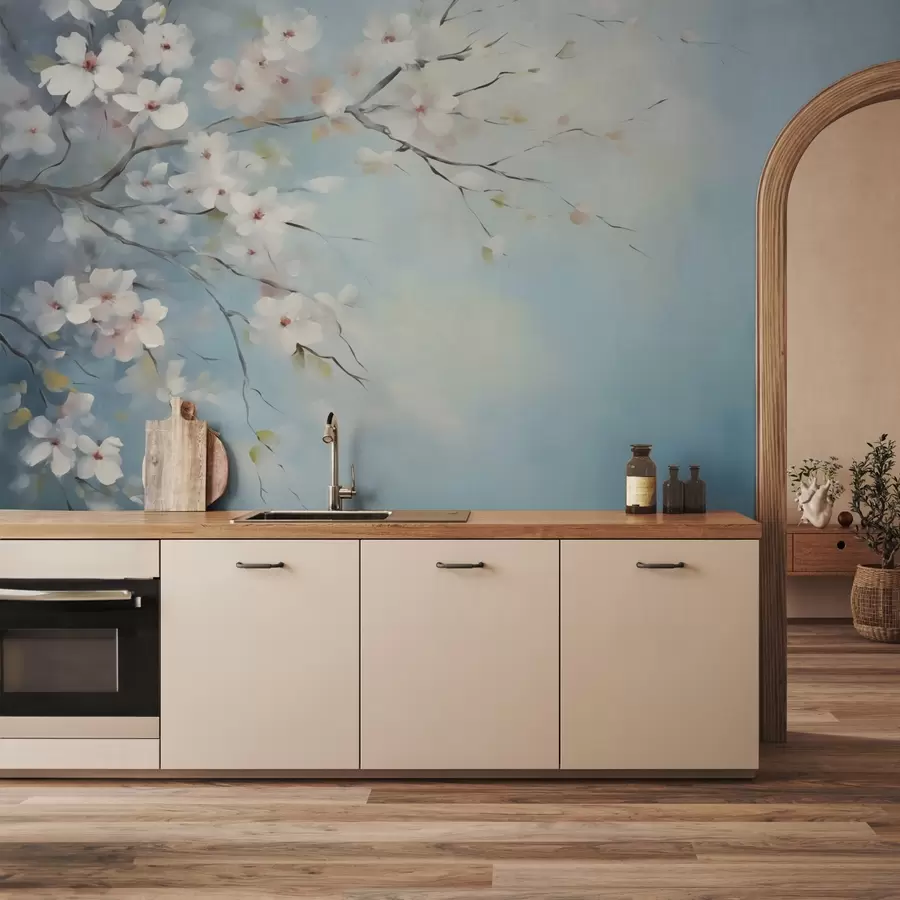 murales de pared Ramo con flores, imitación de pintura, tonos blancos y azules w02593