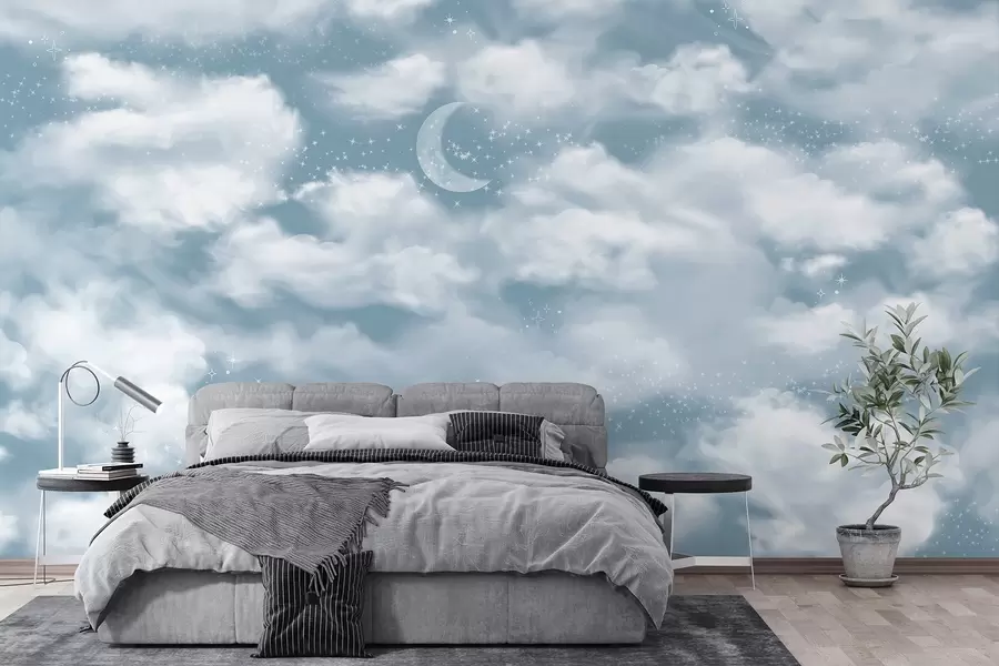 murales de pared Cielo estrellado con luna y nubes, de ensueño, etéreo, colores azules suaves w02515v1