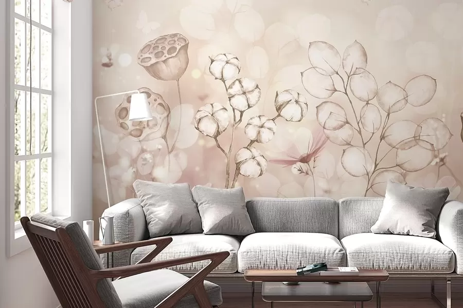 murales de pared Jardín de flores de ensueño, mariposa, flores de algodón, lotos, colores beige w02516v3