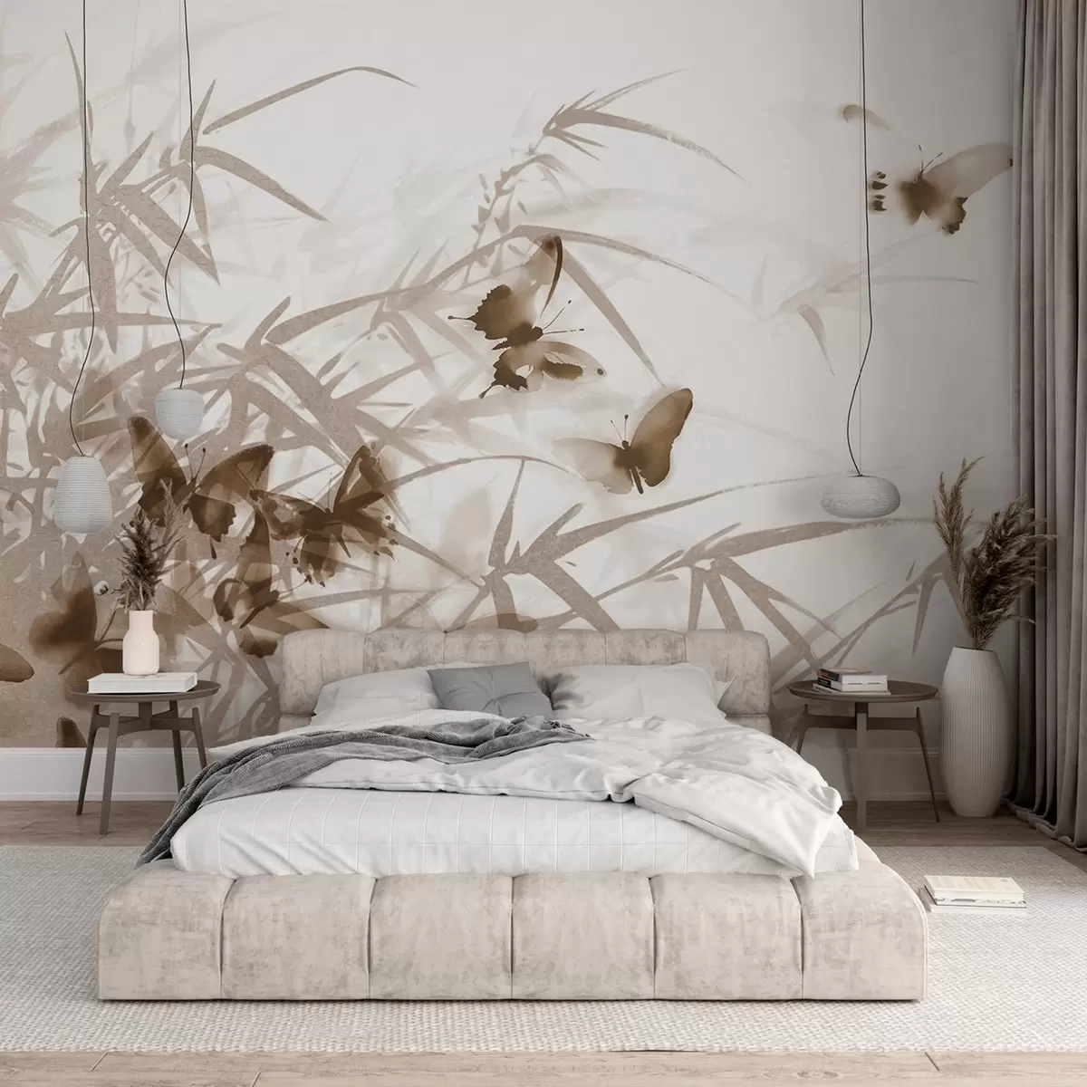 murales de pared Texturas de hojas y tallos de bambú con mariposas marrones voladoras de alas transparentes w08524v1