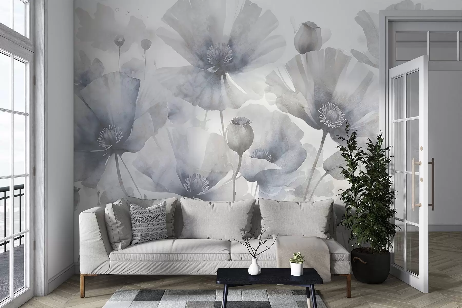 murales de pared Delicadas flores grunge grises y blancas con pétalos suaves y difuminados sobre fondo blanco w08526