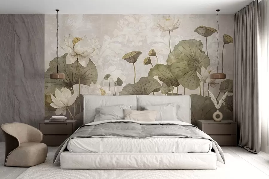 murales de pared Un campo de flores de loto blancas con grandes hojas verdes sobre un fondo beige de textura suave y brumosa w08527