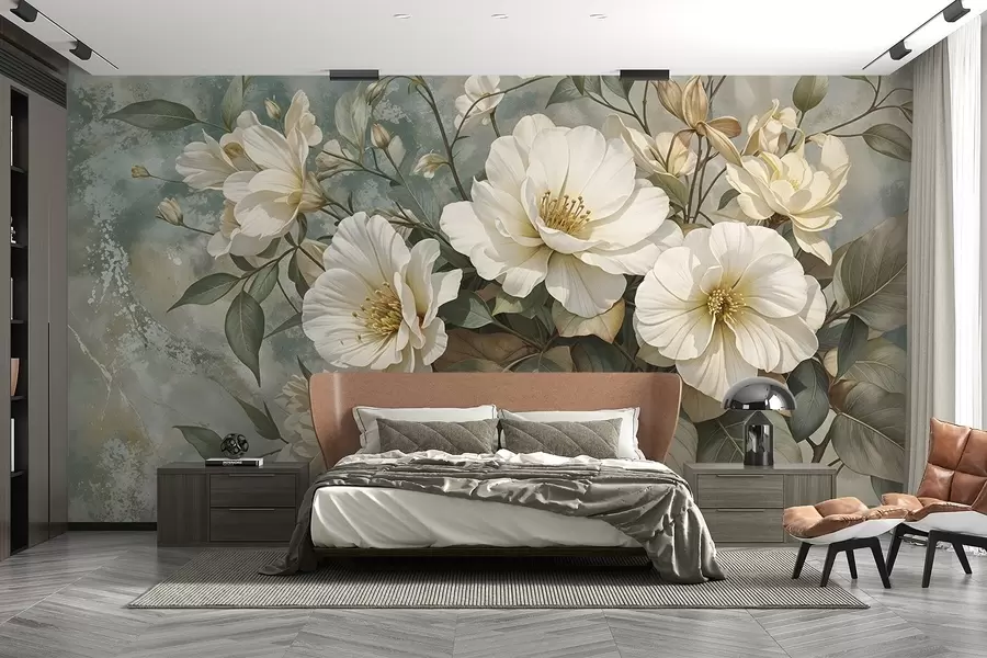 murales de pared Grandes flores de peonía blancas con hojas verdes sobre un fondo turquesa de textura suave w08528