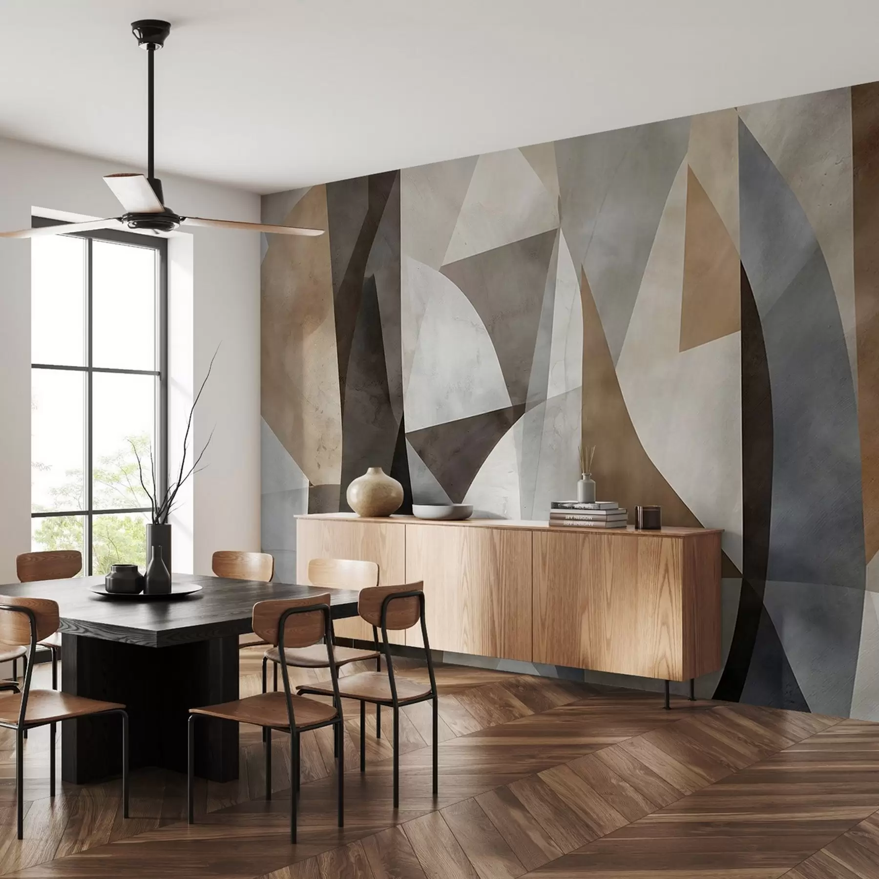 murales de pared Arte moderno abstracto de formas geométricas texturadas en tonos marrones, grises y beige w08530