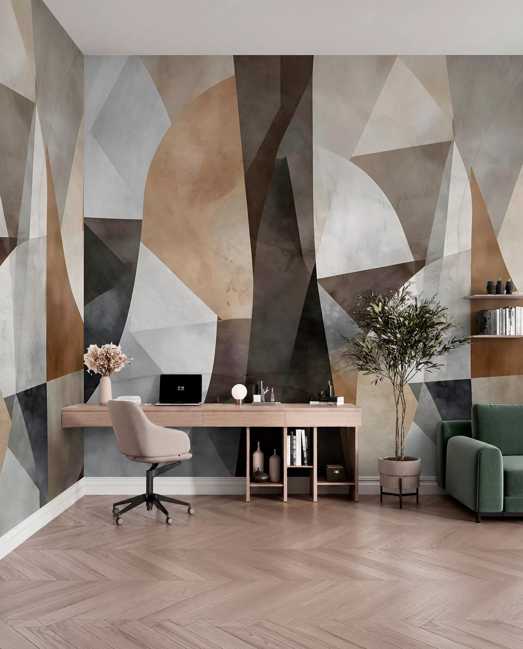 murales de pared Arte moderno abstracto de formas geométricas texturadas en tonos marrones, grises y beige w08530