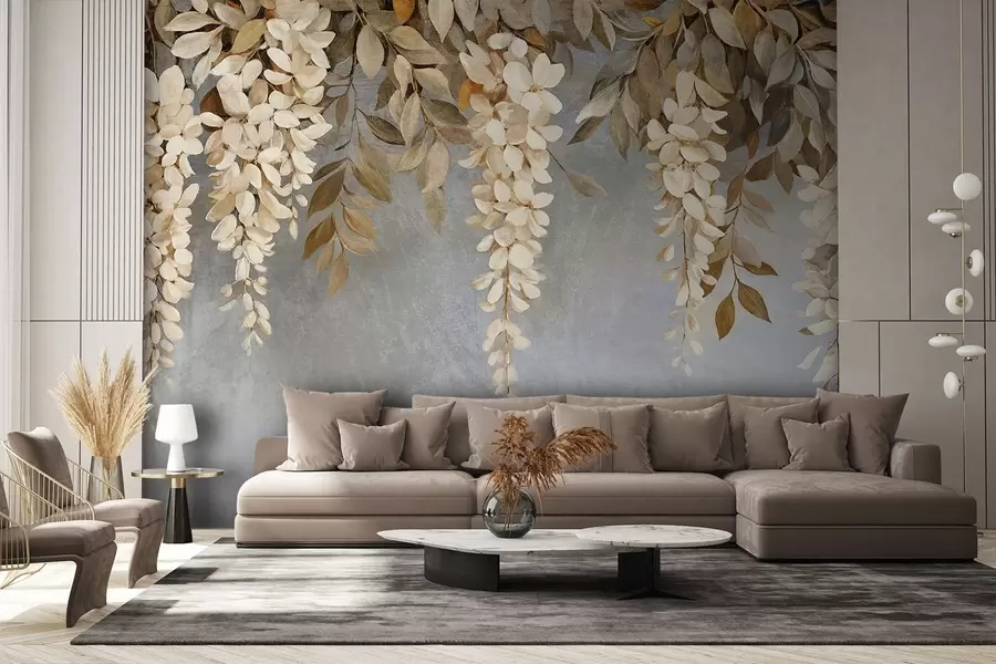 murales de pared Delicadas flores de glicinia blancas y beige claro con follaje en cascada sobre un fondo gris suave w08531