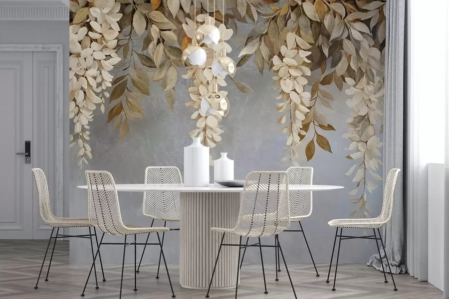 murales de pared Delicadas flores de glicinia blancas y beige claro con follaje en cascada sobre un fondo gris suave w08531