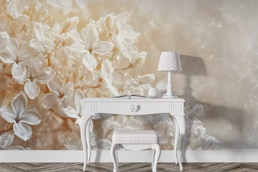 murales de pared Delicadas flores blancas de color lila con un suave fondo amarillo difuminado w08533