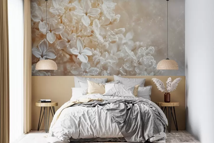 murales de pared Delicadas flores blancas de color lila con un suave fondo amarillo difuminado w08533