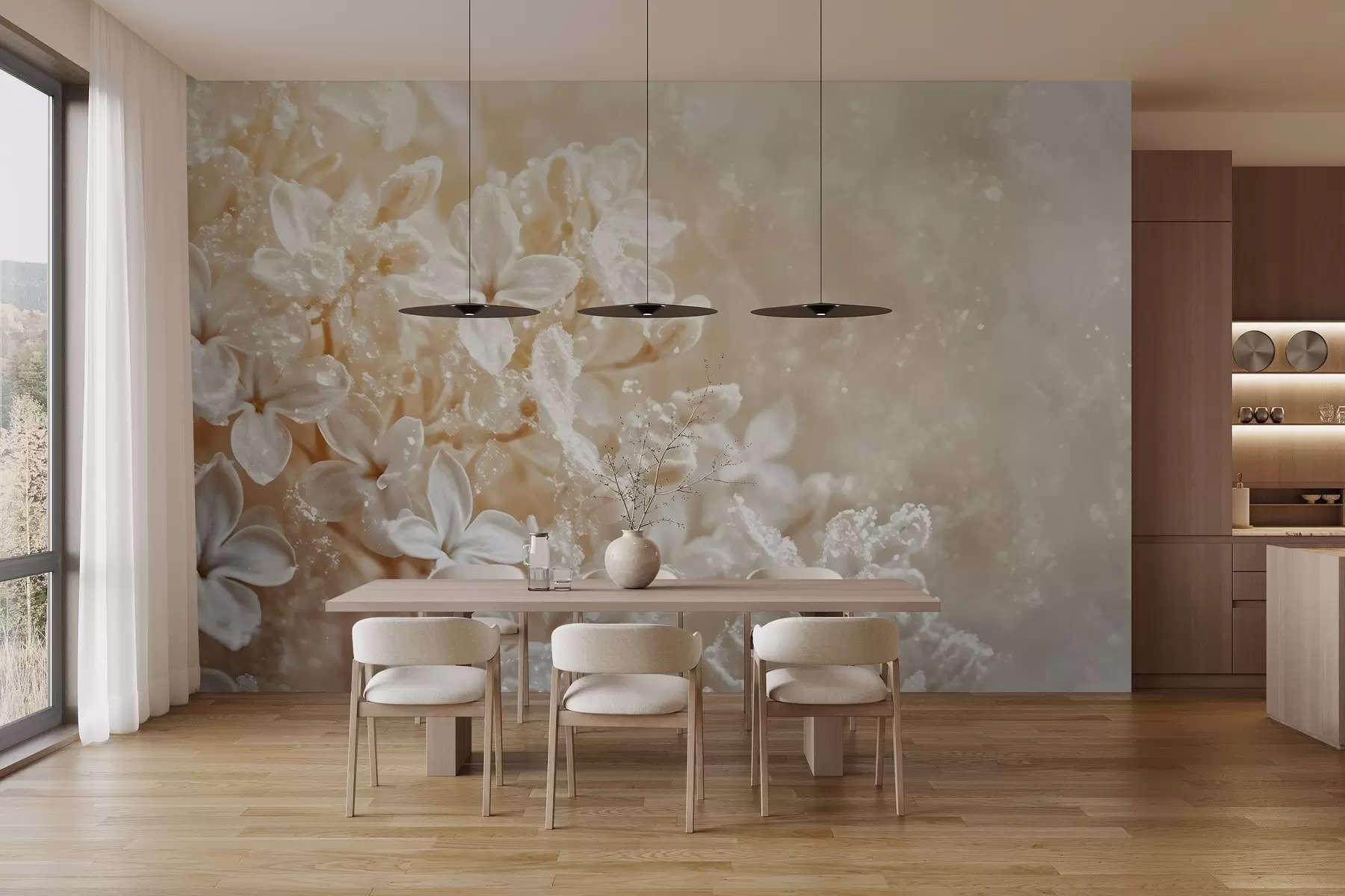 murales de pared Delicadas flores blancas de color lila con un suave fondo amarillo difuminado w08533