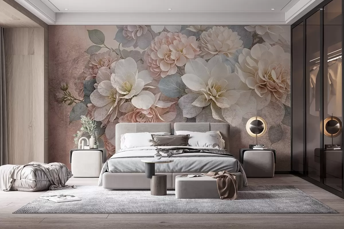 murales de pared Estampado de textura suave con flores de peonía melocotón y blancas con hojas verdes sobre fondo beige w08534