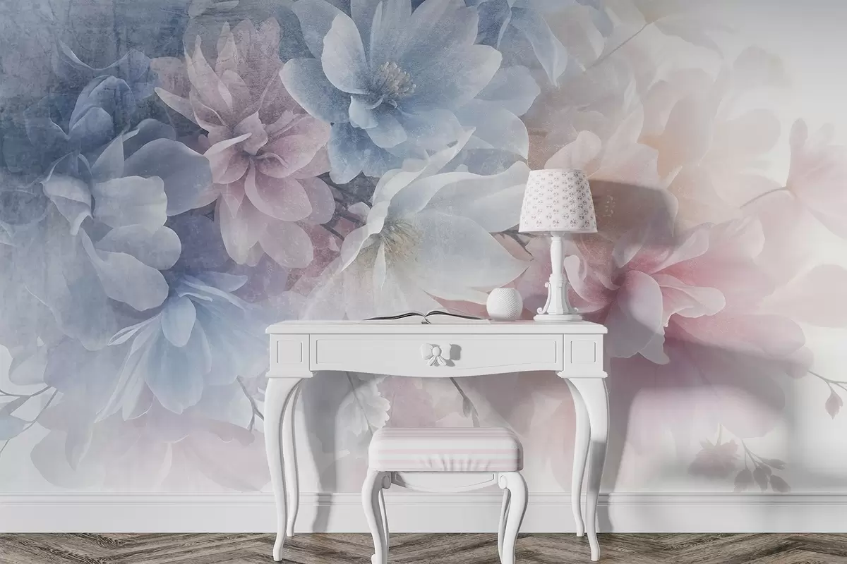 murales de pared Arreglo floral de textura suave y colores pastel con flores grandes y delicadas en tonos rosa, azul y blanco  w08535
