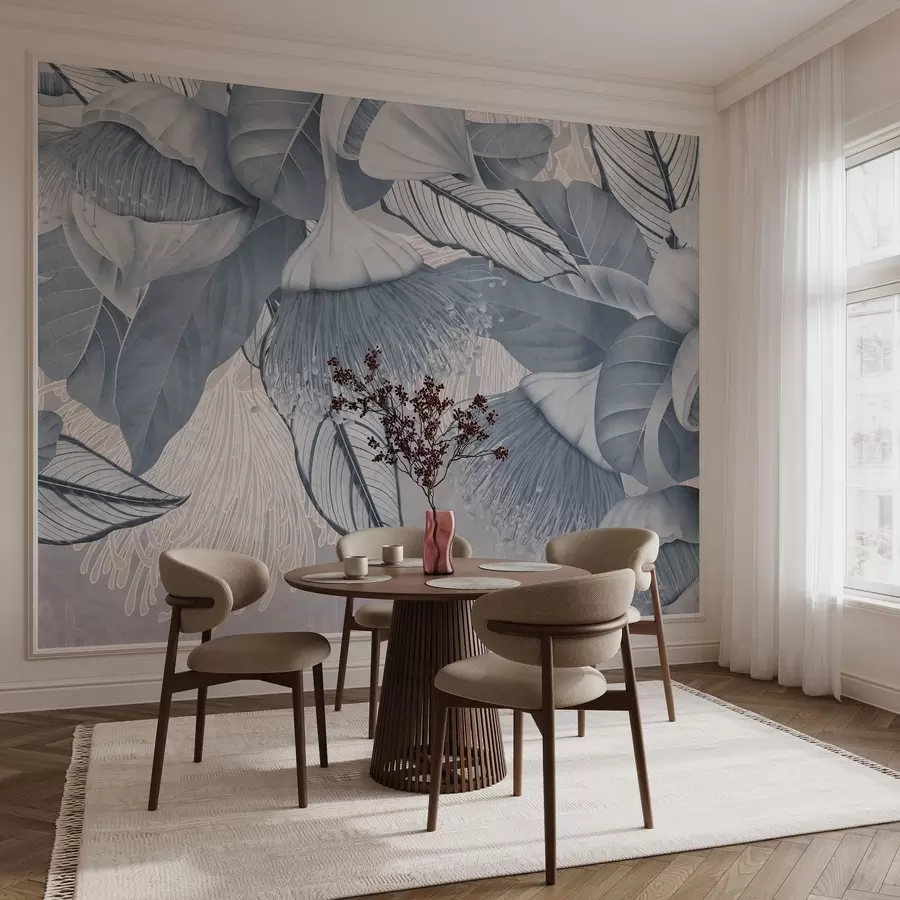 murales de pared Ilustración botánica de grandes flores azules de eucalipto con largos estambres sobre un fondo gris y blanco w08539v1