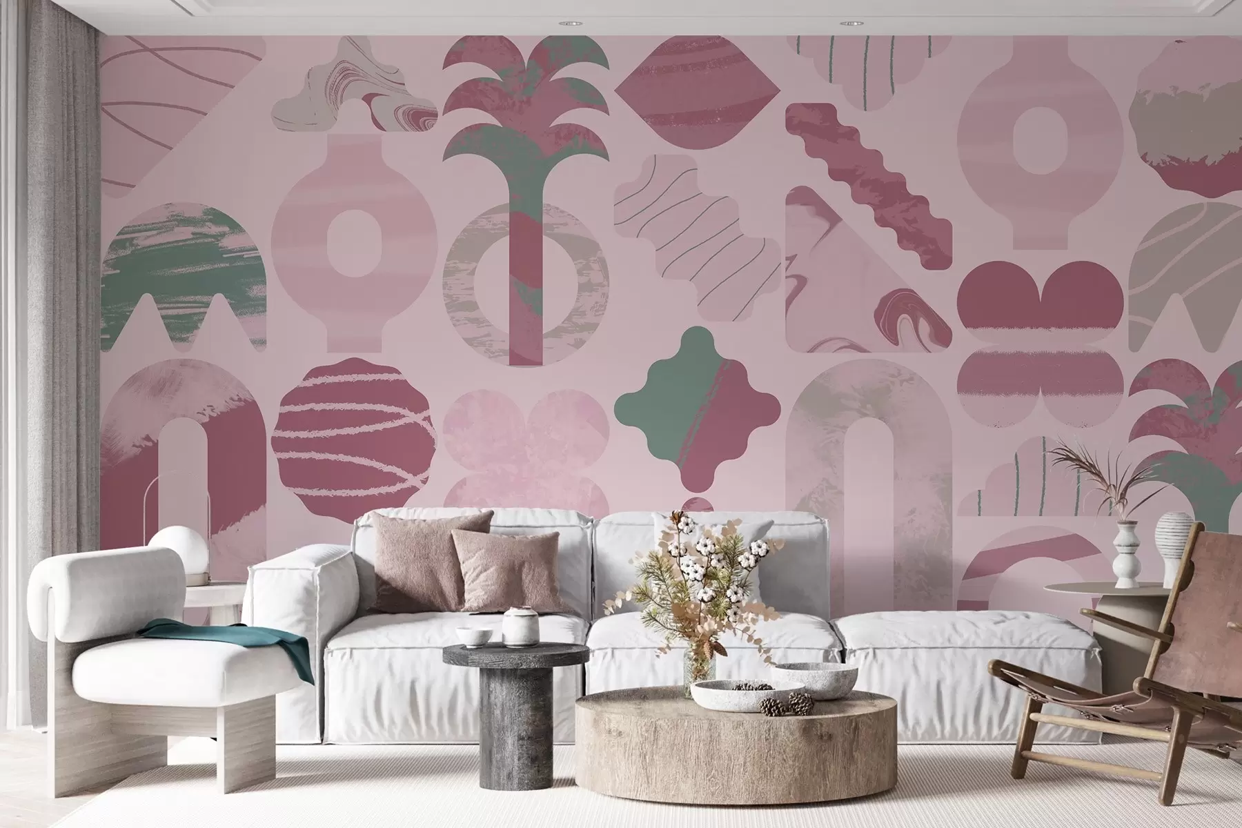 murales de pared varias formas interesantes, geometría moderna en colores rosas w02550