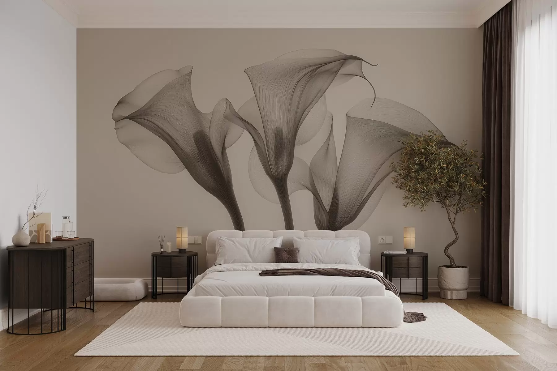 murales de pared flores transparentes de Zantedeschia en tonos beige  w02632