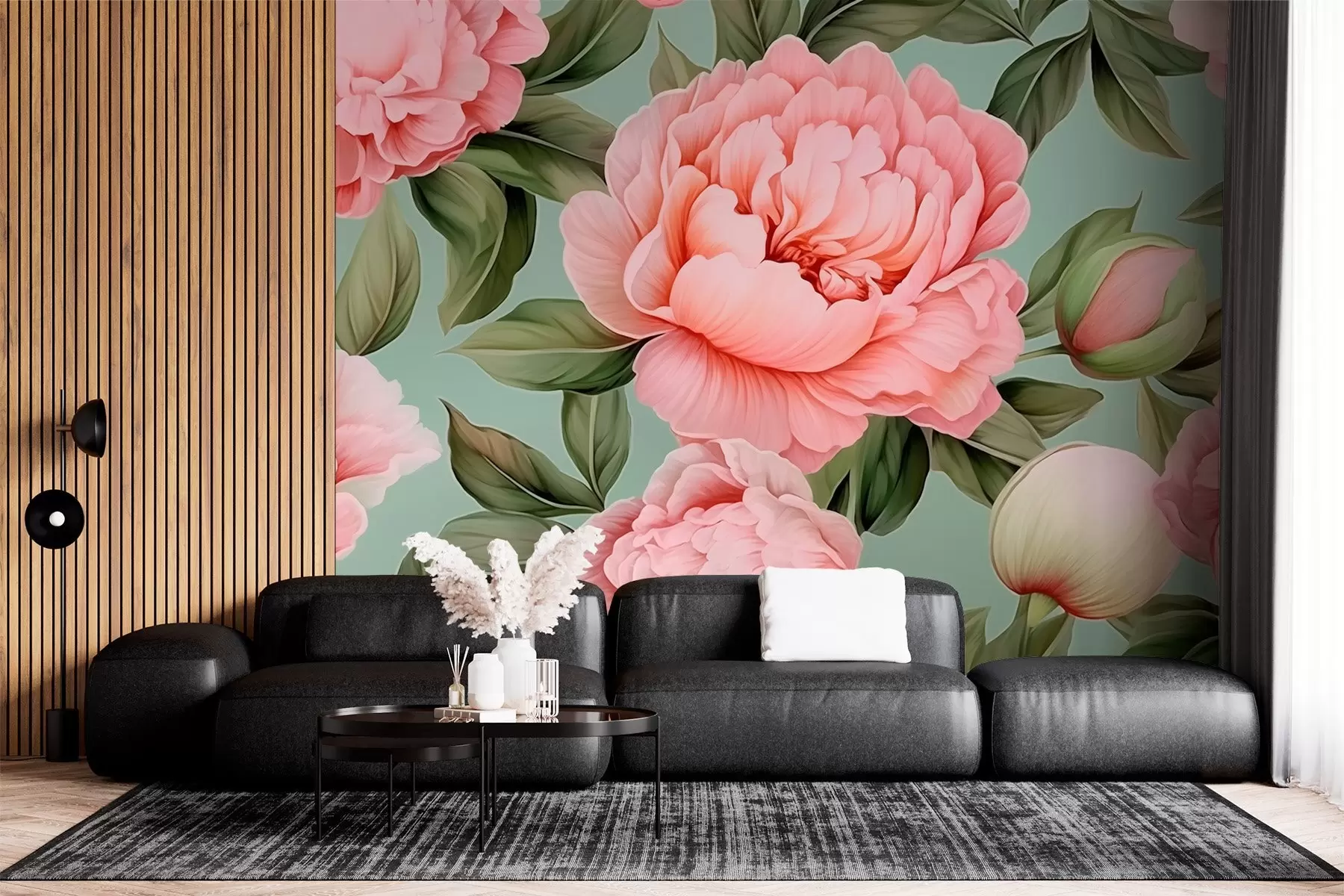 murales de pared Peonías rosas con hojas w02570
