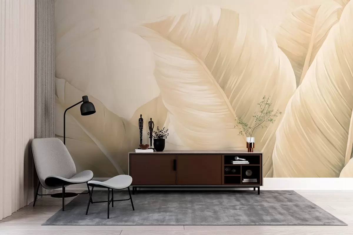 murales de pared Hojas grandes de plátano cremoso w02573