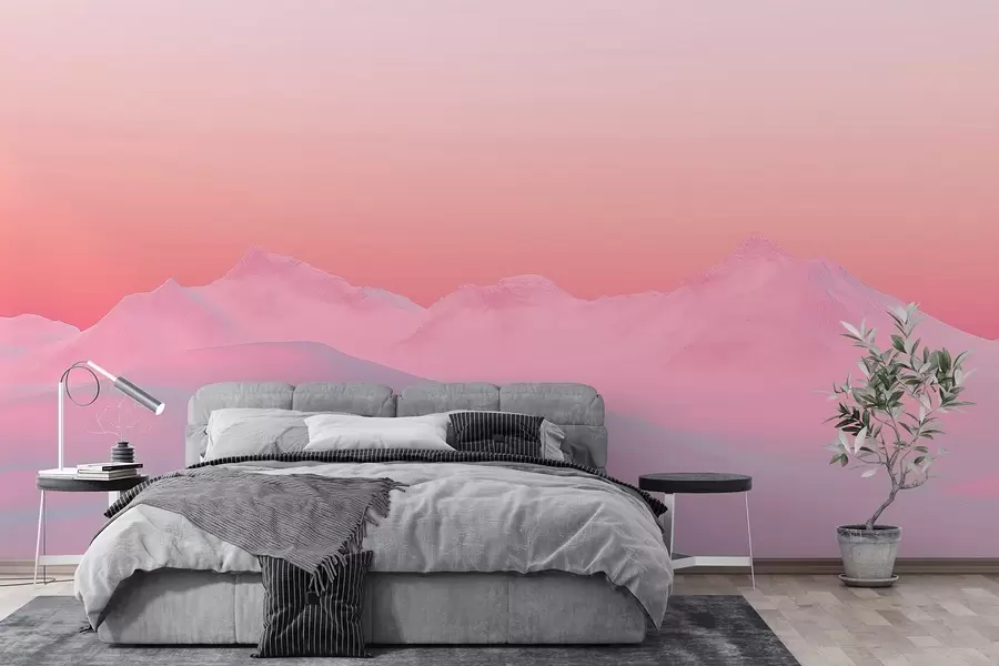 murales de pared Suave puesta de sol frambuesa con las montañas y el cielo como telón de fondo w02234